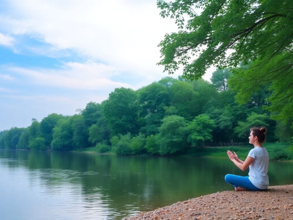 Peisaj liniștit cu o persoană meditând.