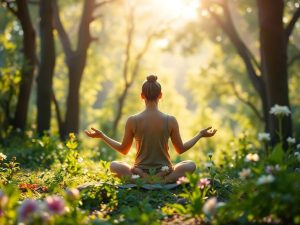 Persoană meditând în natură, înconjurată de plante liniștitoare.