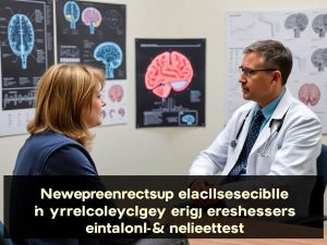 Consultatie neurologica cu pacient, imagine medicala relevanta.