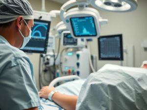 Cameră medicală cu un profesionist și pacient în terapie intensivă.