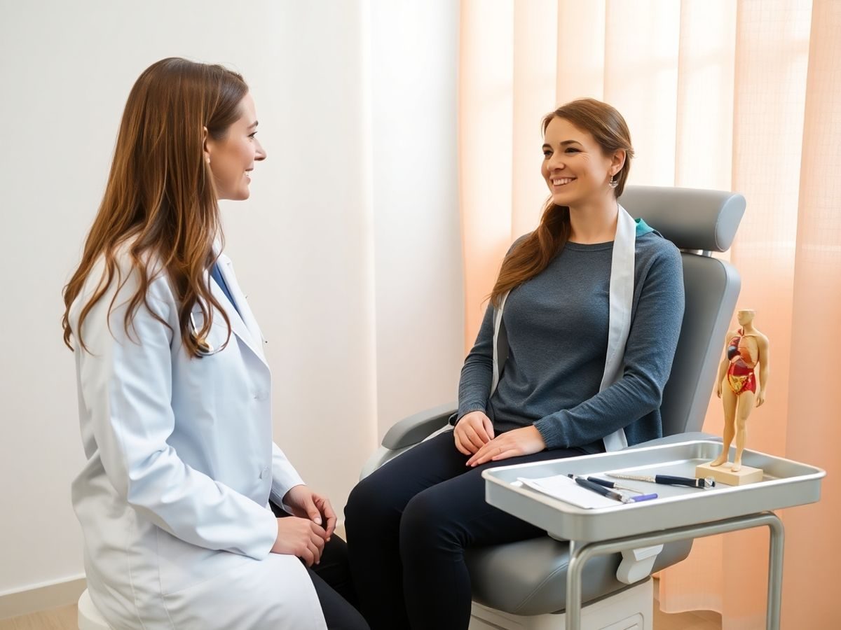 Ginecologă cu halat alb și pacientă zâmbitoare în cabinet luminos.