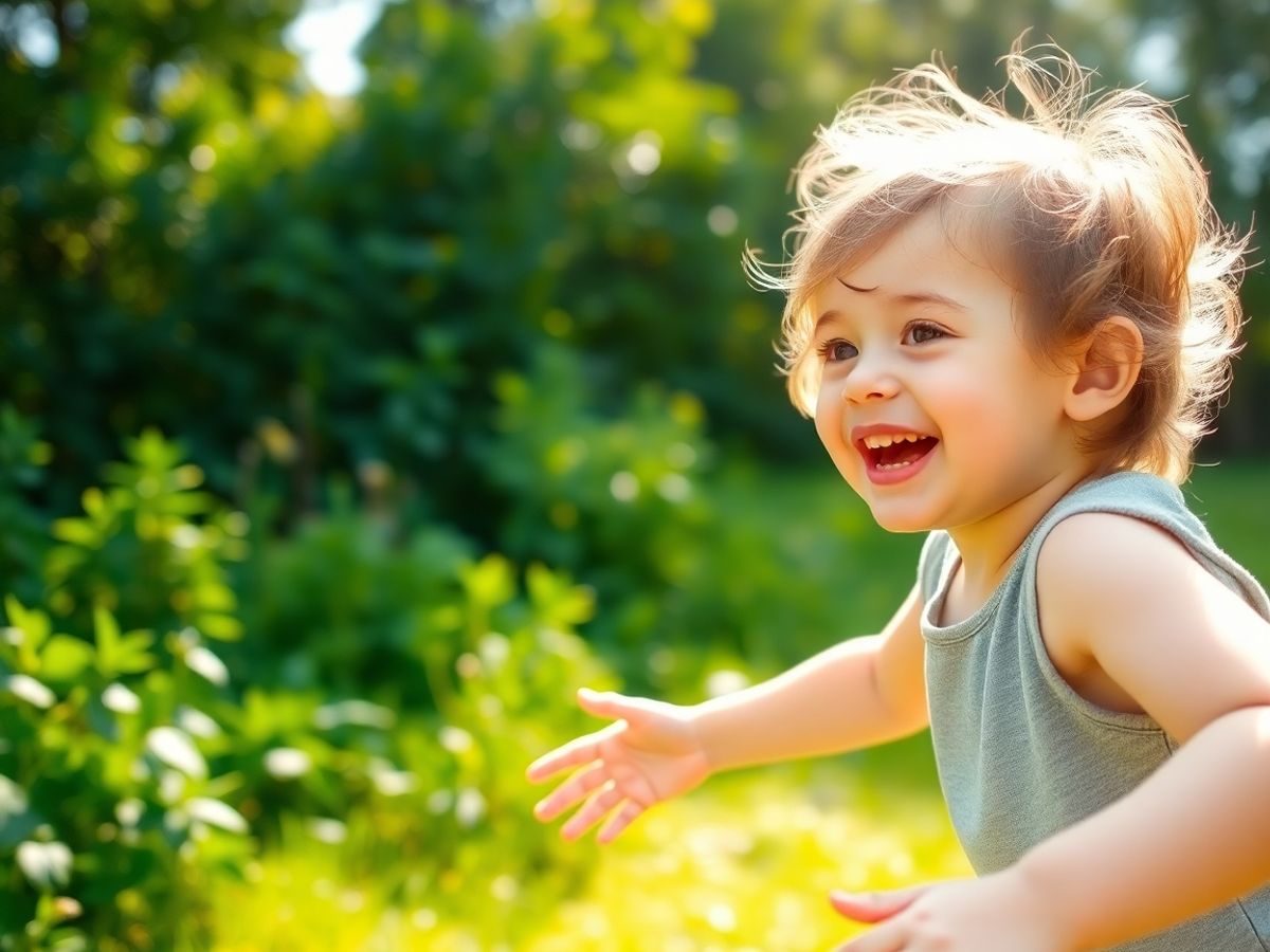 Copil fericit cu părinți zâmbitori, explorând natura.