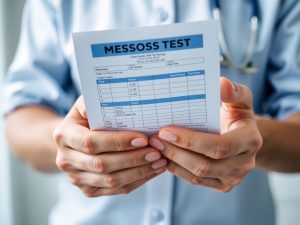 Femeie zâmbind, ținând în mână un pachet cu analize medicale.